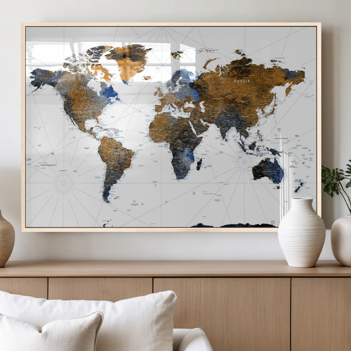 World Map Wall Art Canvas Print, Modern Decorative Framed