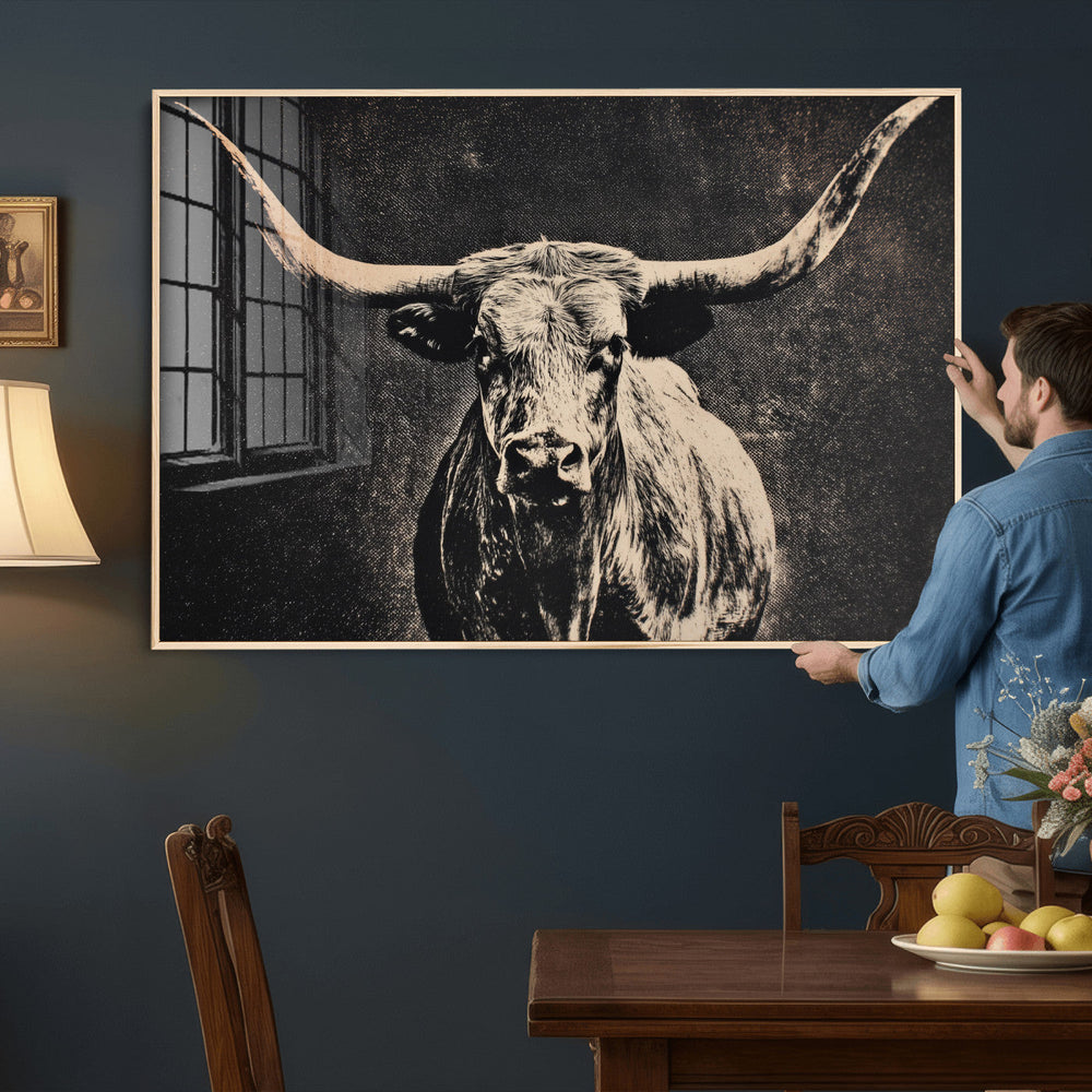 Vintage Texas Longhorn Bull Wall Art Canvas Print, Cow