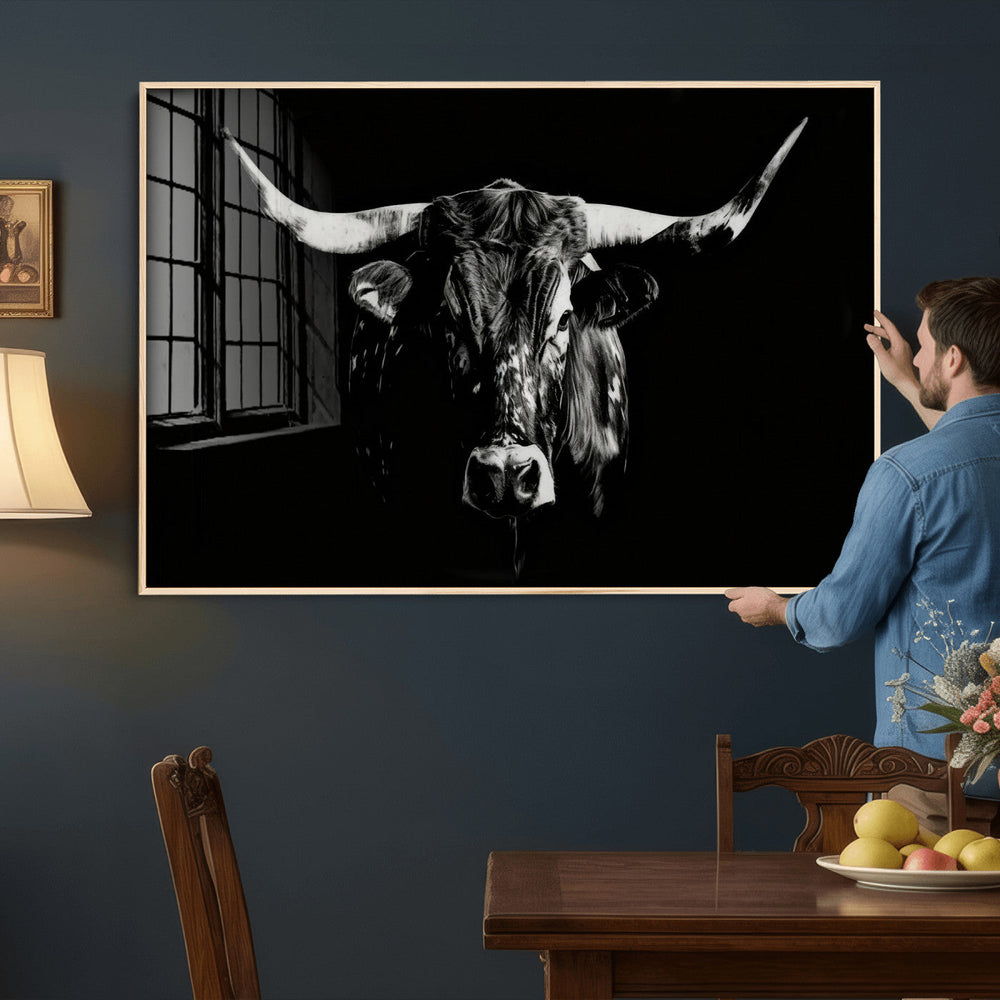 Black Bull Wall Art Canvas Print, Dark Longhorn Portrait