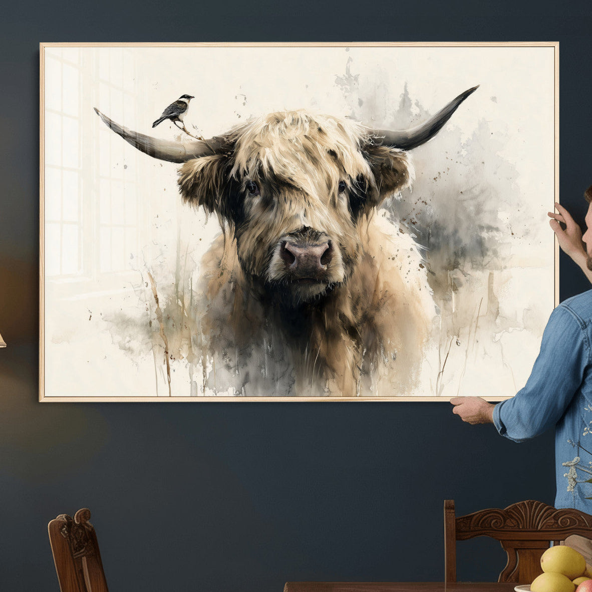 Abstract Highland Cow Wall Art Canvas Print, Rustic Farm