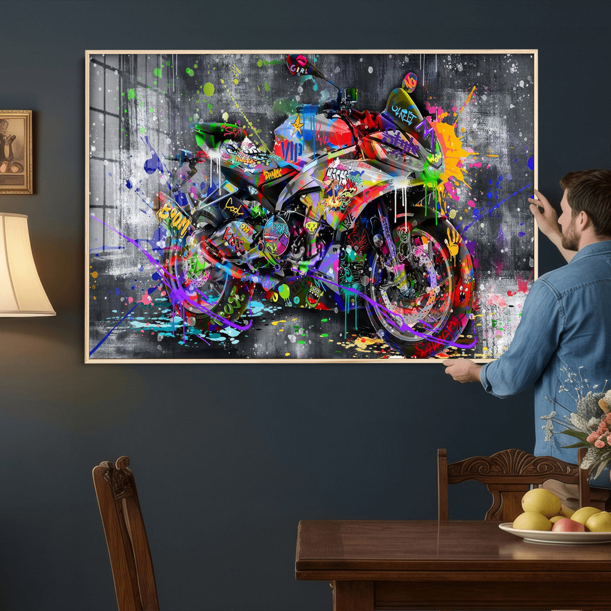 Graffiti Motorcycle Wall Art Canvas Print, Urban Street Art