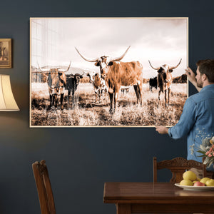 Texas Longhorn Cattle Wall Art Canvas Print, Sepia Western