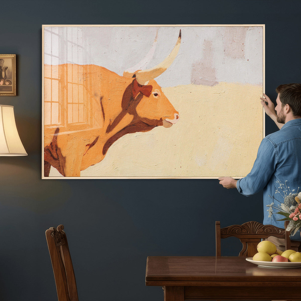Minimal Longhorn Bull Wall Art Canvas Print, Neutral Western