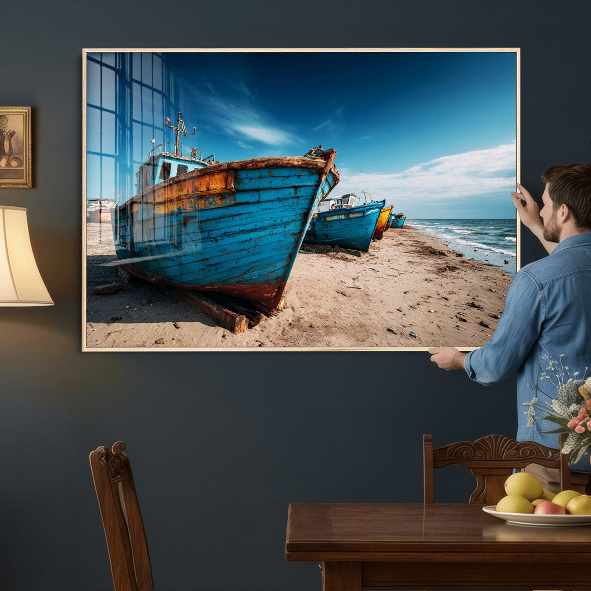 Coastal Fishing Boats Wall Art Canvas Print, Sunset Beach