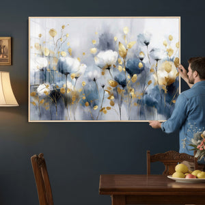 Large Abstract Flowers Wall Art Canvas Print – Gold and Blue