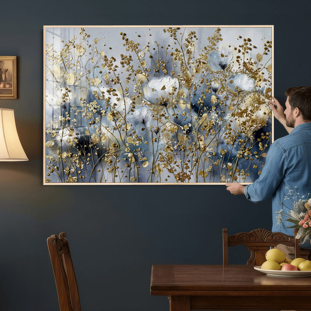 Abstract Floral Wall Art Canvas Print – Gold and Blue