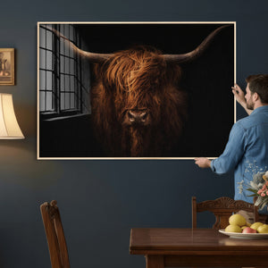 Highland Cow Wall Art Canvas Print – Moody Dark Rustic