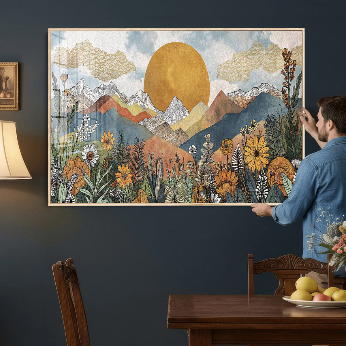 Boho Mountain Landscape Large Wall Art, Horizontal Gold