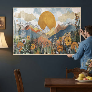 Boho Mountain Landscape Large Wall Art, Horizontal Gold