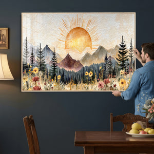 Boho Mountain Landscape Large Wall Art, Horizontal Gold