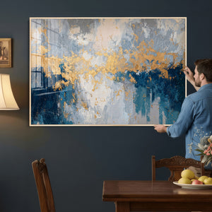 Blue Gold Abstract Large Framed Canvas Wall Art, Modern