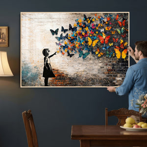 Banksy Graffiti Butterfly Girl Wall Art Canvas Print, Framed