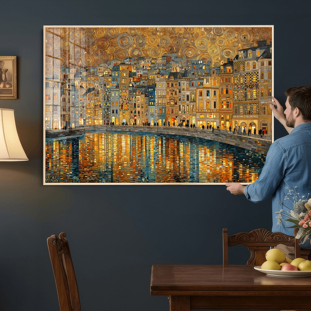Gustav Klimt Golden Cityscape Wall Art Canvas Print, Framed