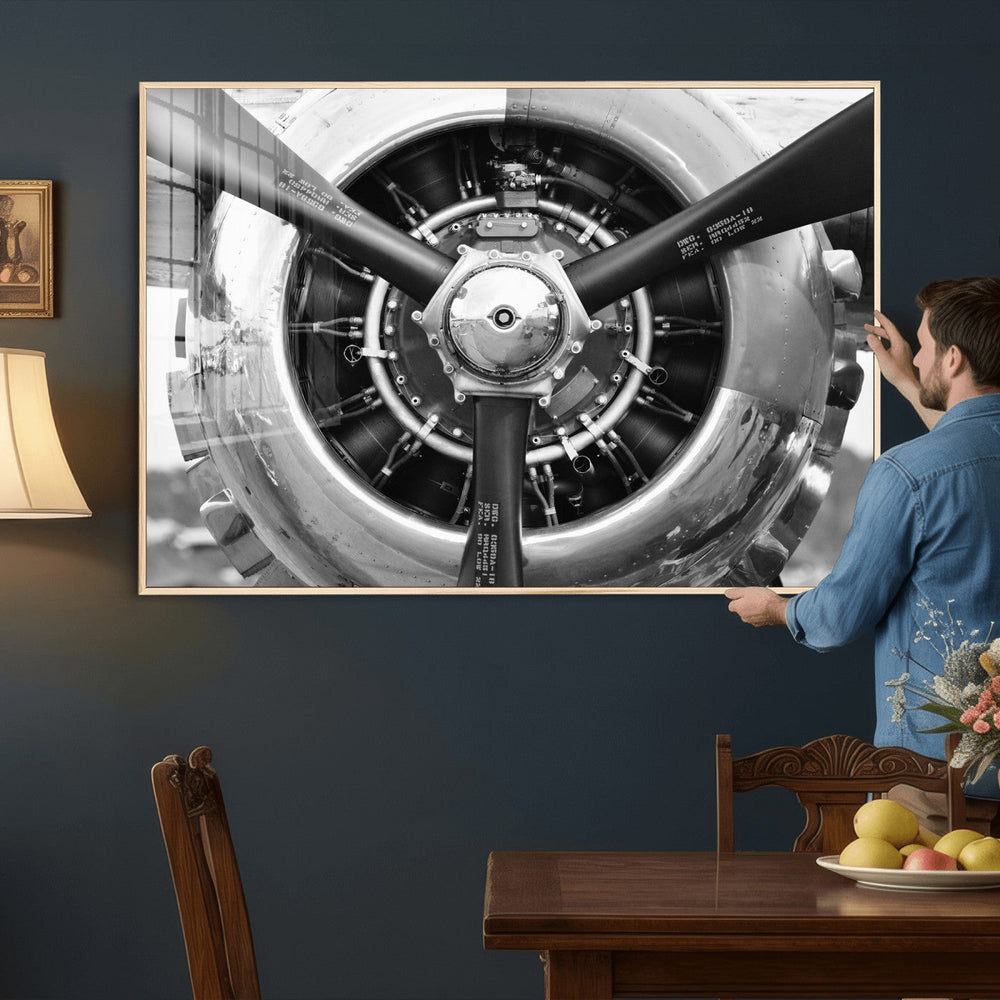 Vintage Propeller Plane Wall Art Canvas Print, Black and