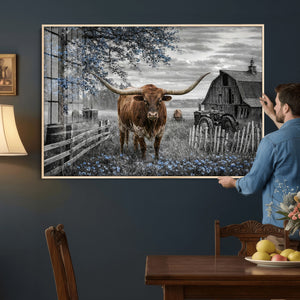 Texas Longhorn Canvas Wall Art, Rustic Farm Barn Bluebonnet