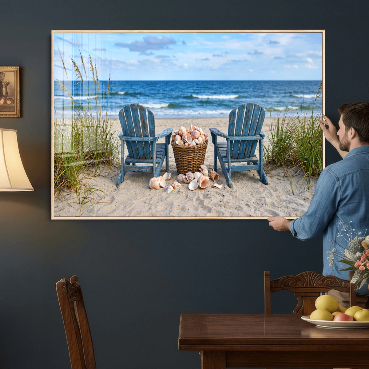 Large Beach Canvas Wall Art Coastal Adirondack Chairs Ocean