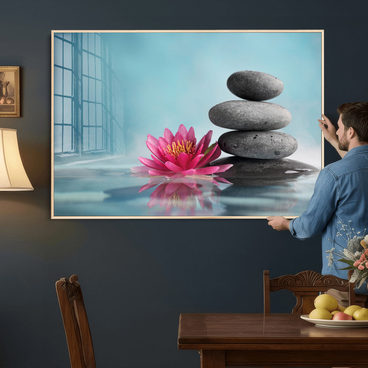 Zen Canvas Wall Art Lotus Flower Stacked Stones Teal Spa