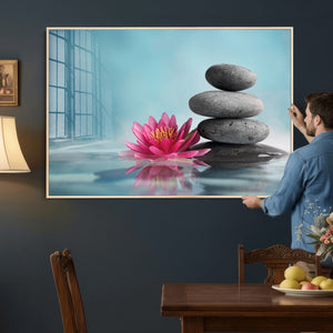 Zen Canvas Wall Art Lotus Flower Stacked Stones Teal Spa