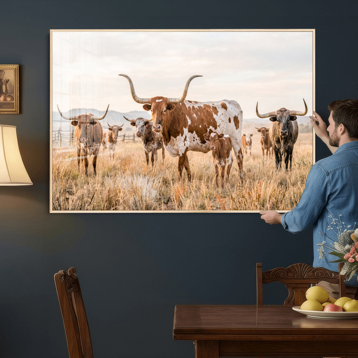 Texas Longhorn Canvas Wall Art, Rustic Farm Animal Photography Print, Farmhouse Country Decor, Western Ranch Art