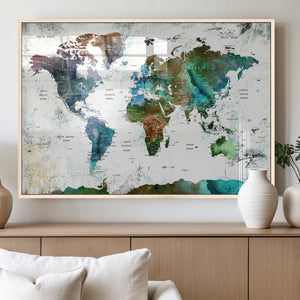 Modern Watercolor World Map Canvas Wall Art – Framed