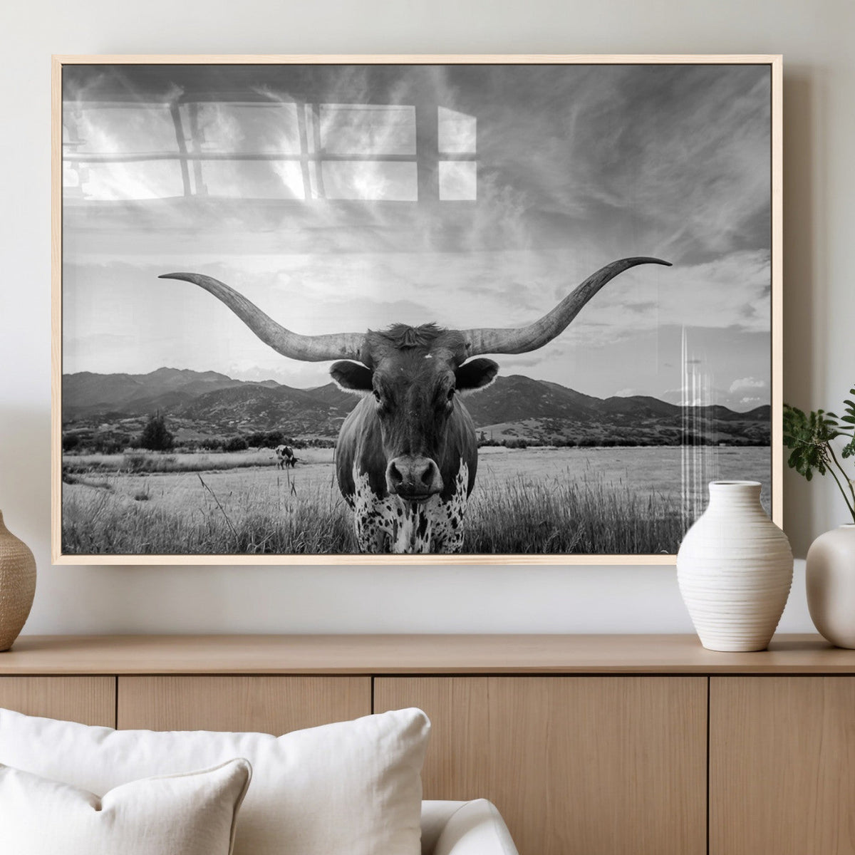 Longhorn Black and White Wall Art – Rustic Western Bull