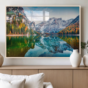 Spectacular autumn view of Braies Lake Wall Art Canvas Print
