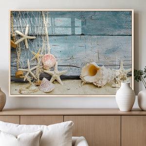 Seashells on Rustic Wooden Background, Seashells Wall Art