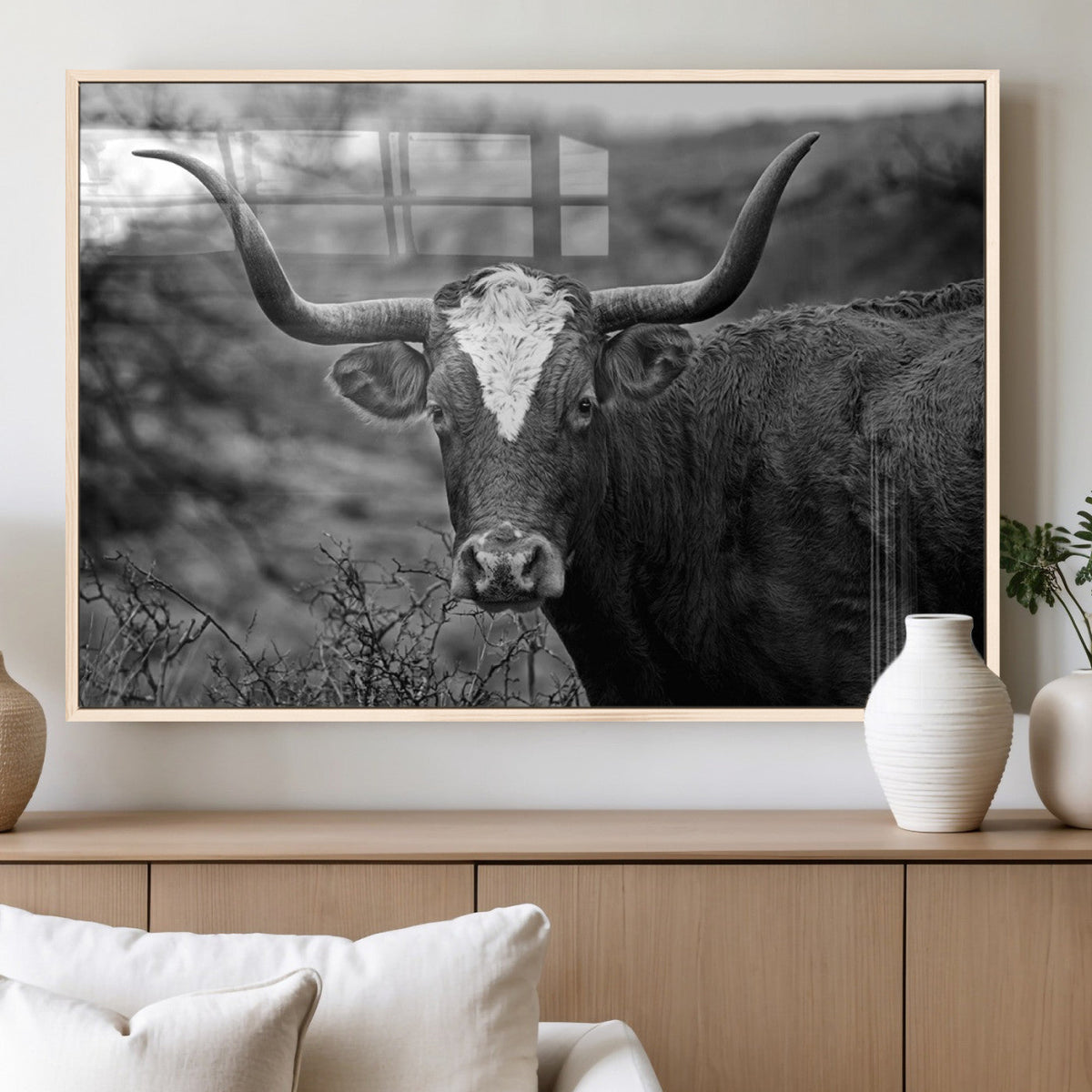 Western Home Wall Art Canvas Print, Framed Texas Longhorn