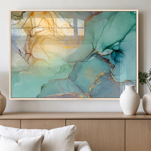 Abstract Aqua and Gold Fluid Wall Art Canvas | 3 Panel Large