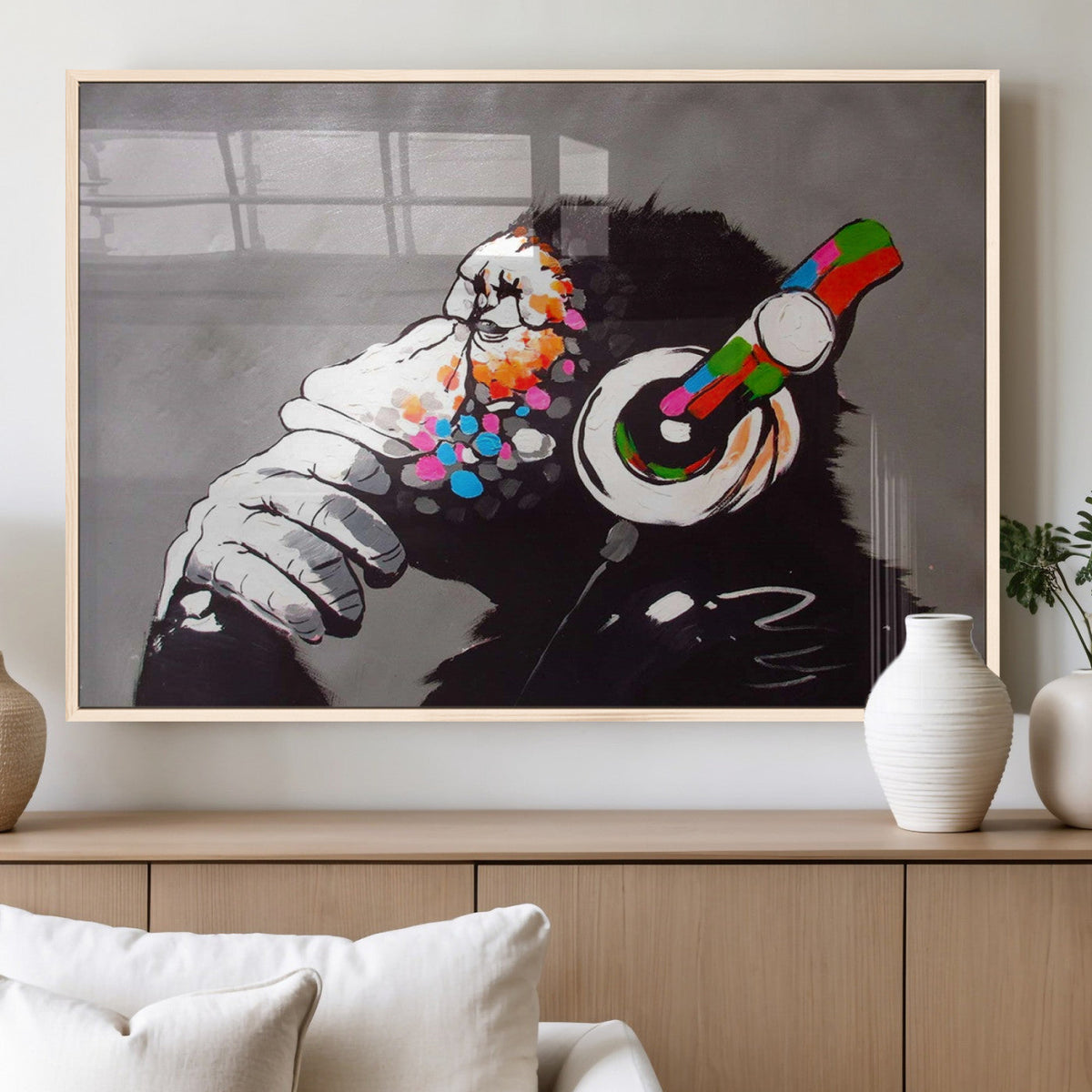 Dj Monkey Listening to Music Wall Art Print | Banksy Monkey
