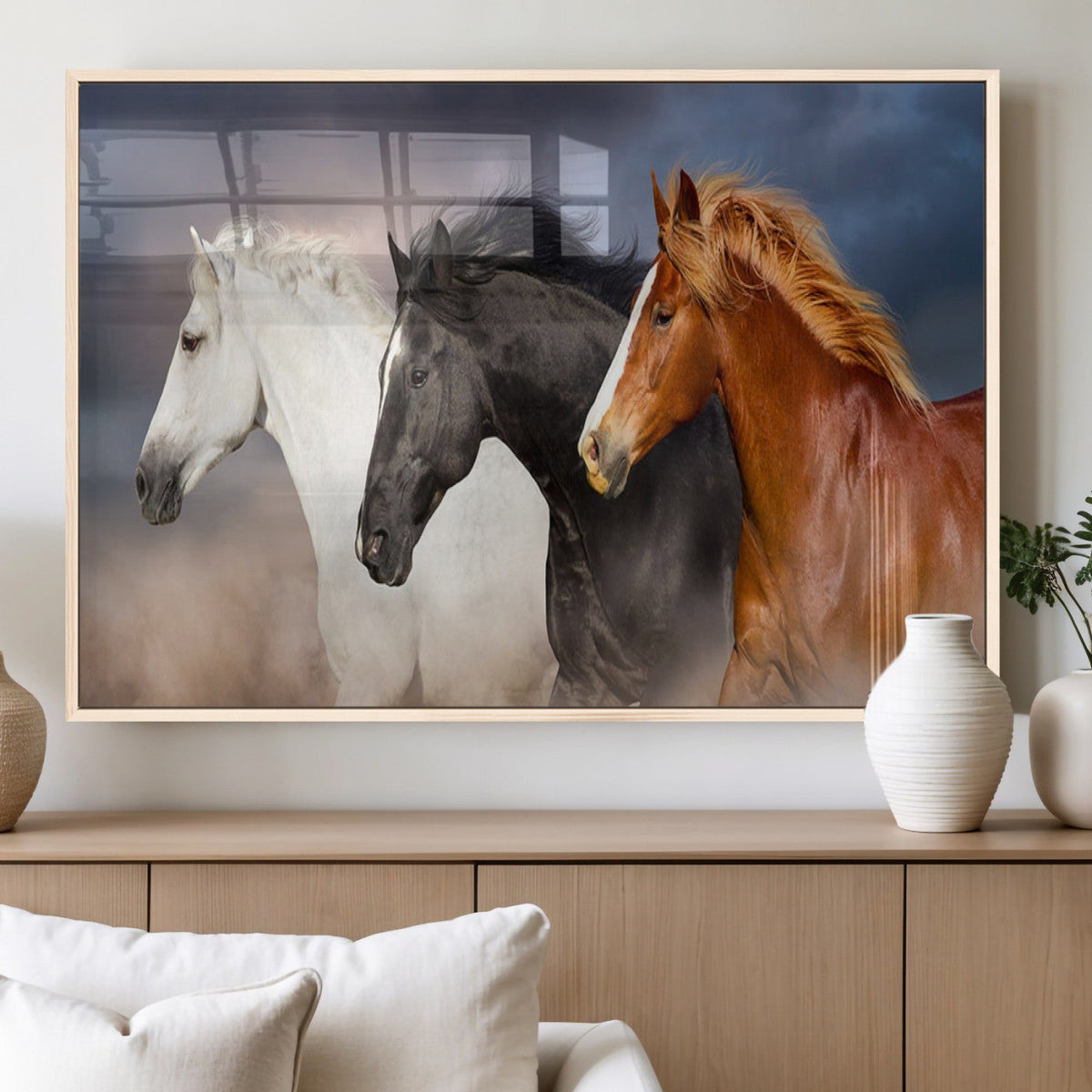 Animal Wall Art Three Horses Farmhouse Art Canvas, Framed