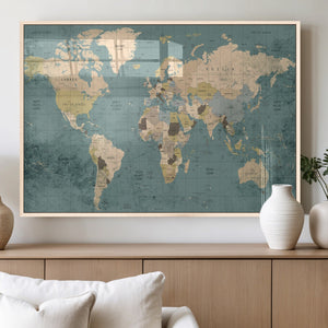 Classic World Map Canvas Print – Framed Vintage Map Wall