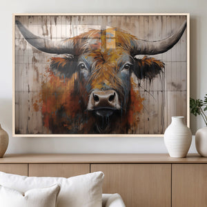 Scottish Highland Cow Cattle Art Print on Wood Style