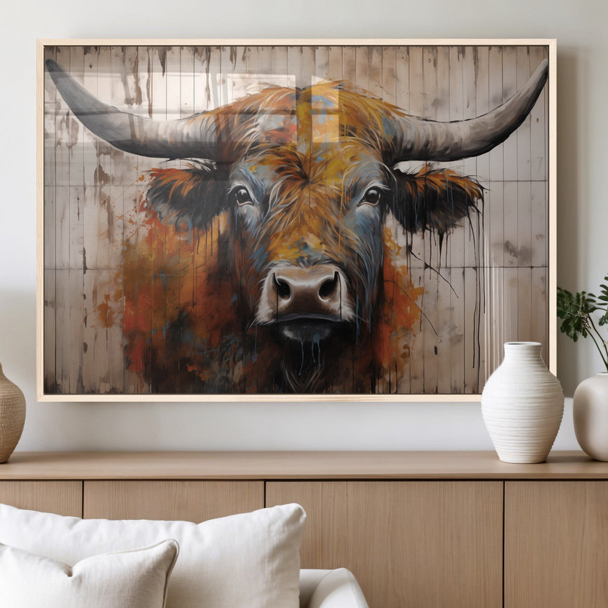 Abstract Bull Highland Cow Canvas Wall Art Print – Vibrant