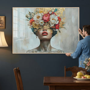 Golden Petal Wall Art Canvas Print - Silhouette Woman Wall