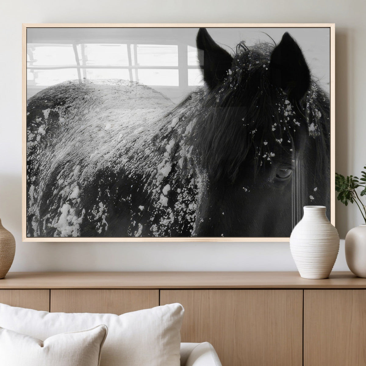 Black Horse in Snow Canvas Print | Winter Horse Wall Art |