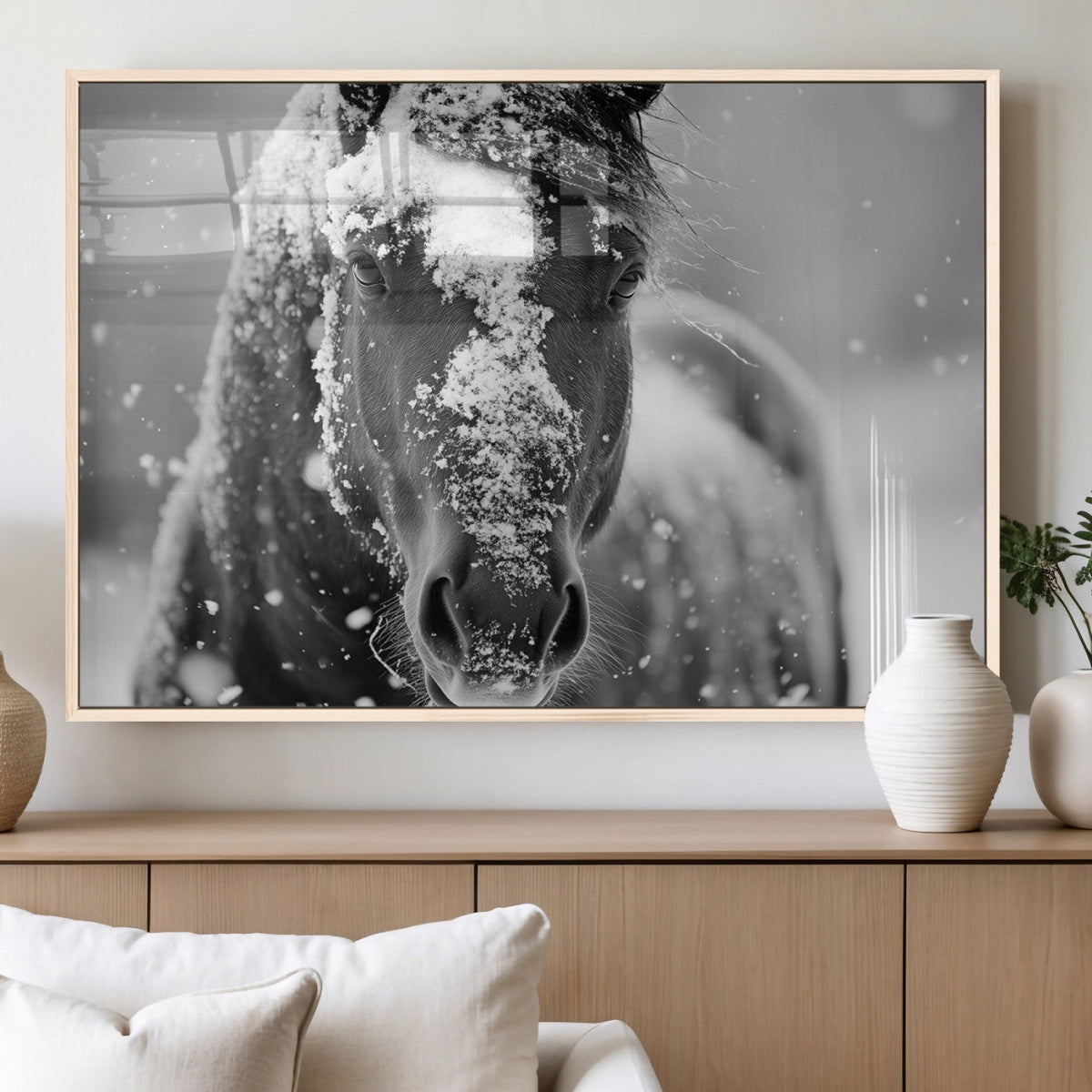 Black and White Horse Winter Wall Art | Ready to Hang and