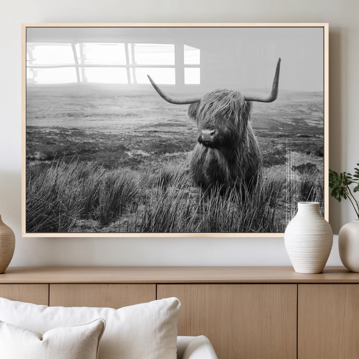 Scottish Highland Cow Wall Art | Black and White Canvas