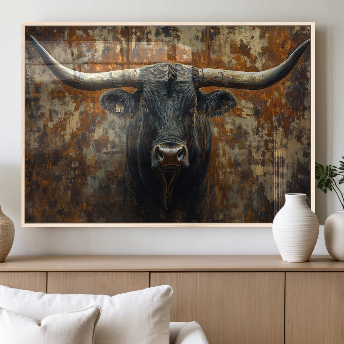 Longhorn Texas Cow Bull Wall Art | Rustic Farmhouse Canvas