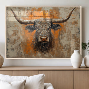Abstract Cow Longhorn Bull Wall Art Canvas Print - Rustic