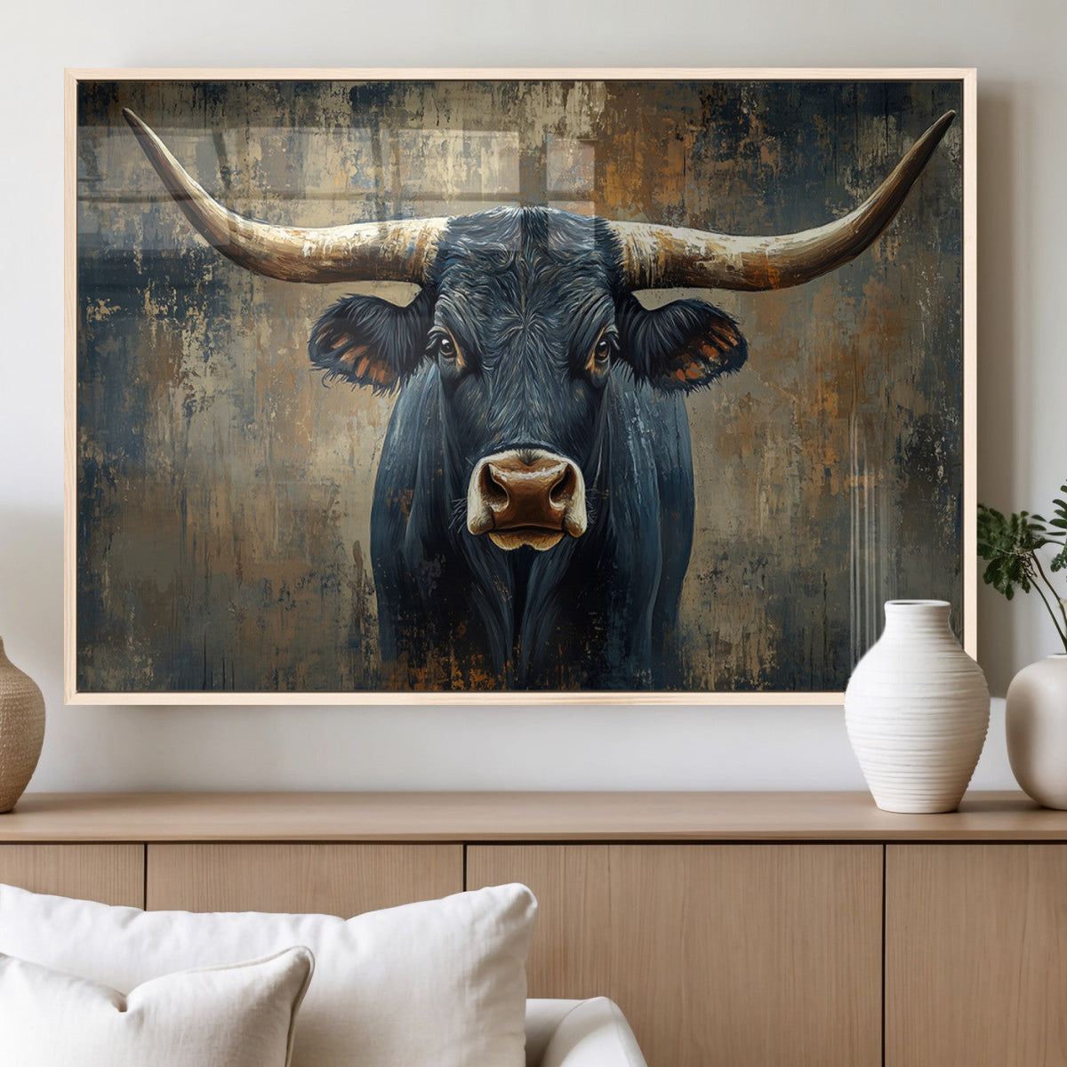 Texas Western Wall Art Canvas Print - Abstract Cow Longhorn