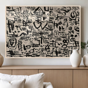 Abstract Love and Chaos Canvas Print, Black Symbols on Beige