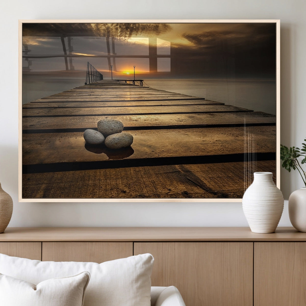 Stones on Wooden Pier at Sunset Canvas Print, Serene Coastal