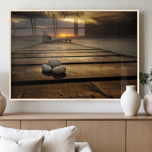 Stones on Wooden Pier at Sunset Canvas Print, Serene Coastal