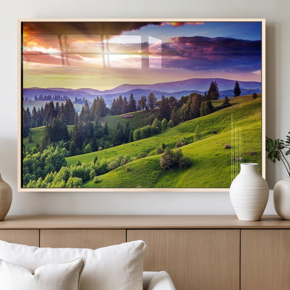 Green Hills and Sunset Wall Art Print - Scenic Landscape