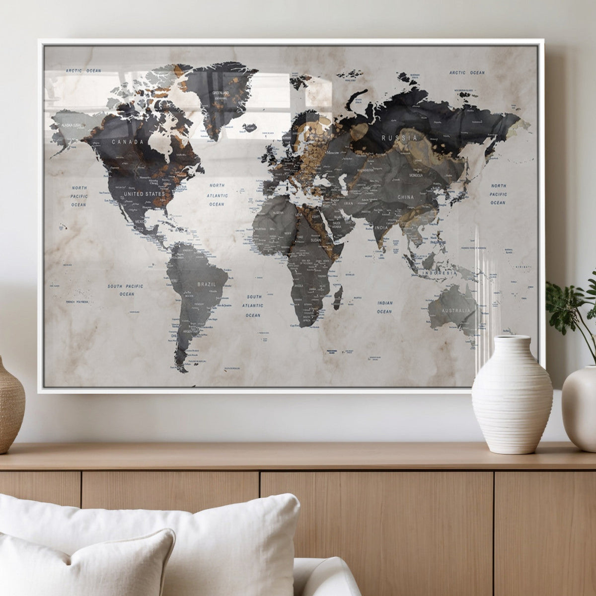 Abstract Map Printing - Modern World Map Canvas Wall Art for