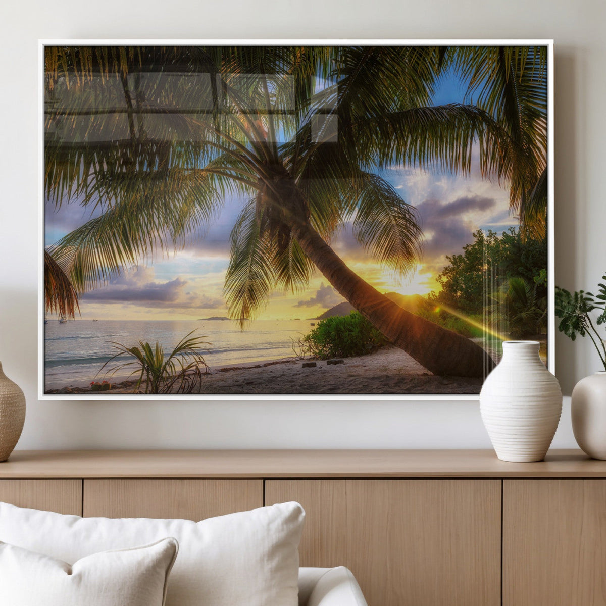 Tropical Island Sunset on the Beach Palms Wall Art Canvas