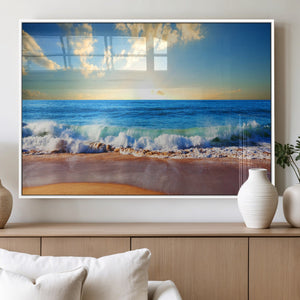 Tropical Beach Sunset Canvas Art, Ocean Waves and Sandy