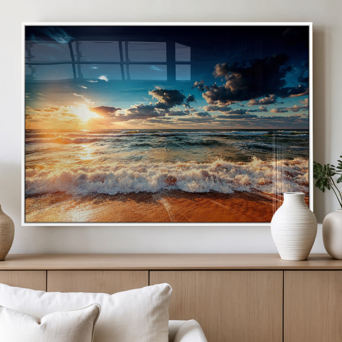 Golden Hour Sunset Over Ocean Waves Wall Art Canvas Print |