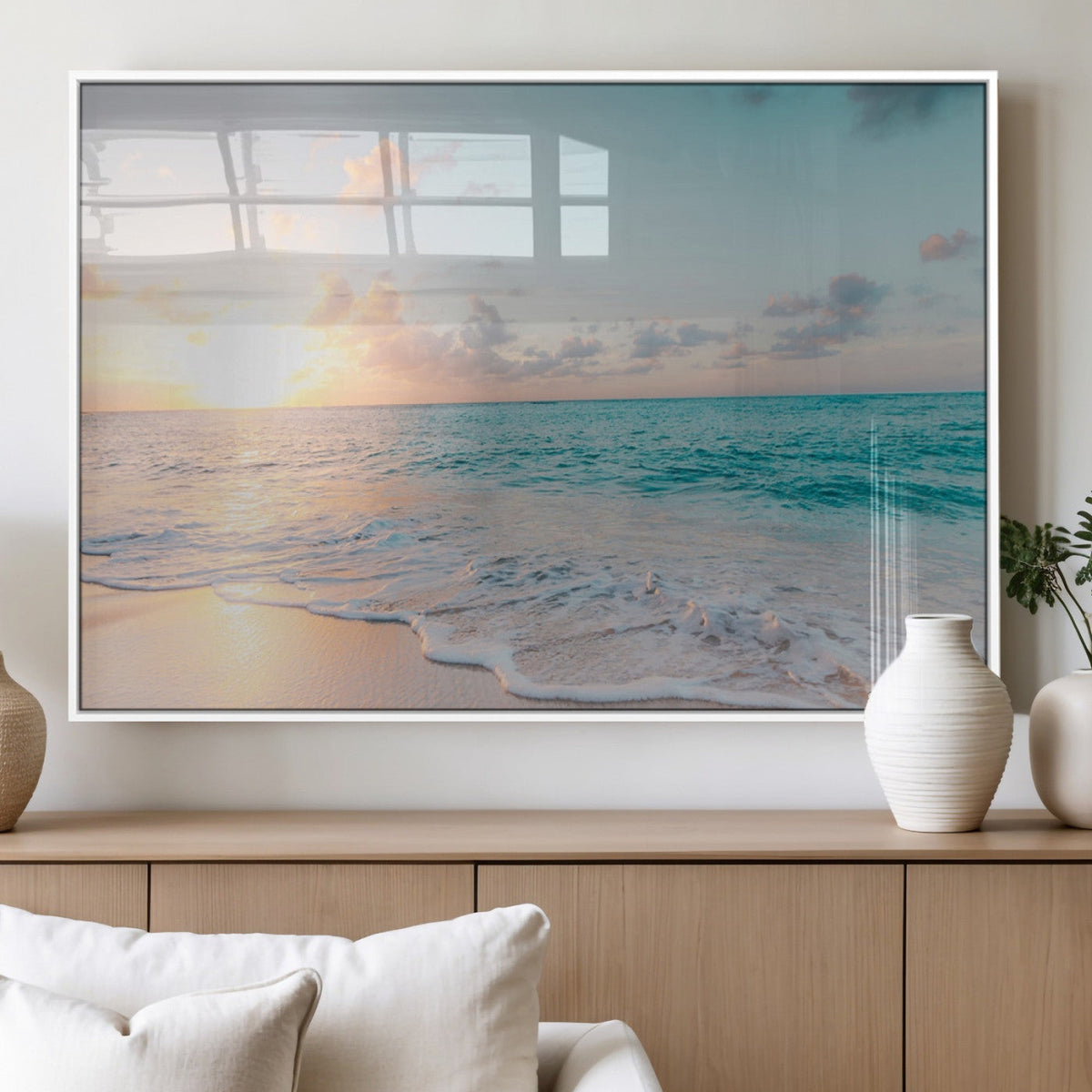 Tranquil Ocean Beach Sunset Canvas Wall Art | 3-Panel